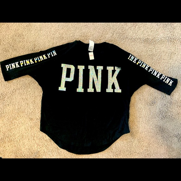 Super Rare! NWT- PINK VS Rainbow Bling Sequin Vneck Tshirt- Large - Picture 1 of 4